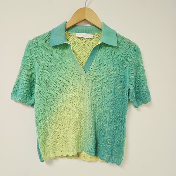 Jonathan Simkhai Polo Top Small Thelma Crochet Ombre Green Short Slv Cable Knit - Picture 1 of 11